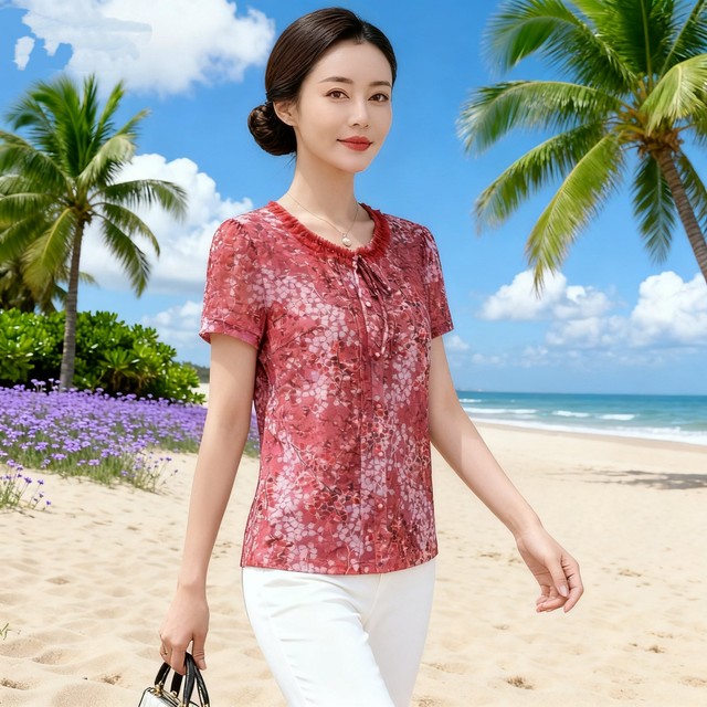 New fashionable middle-aged women's foreign-style tops, thin short-sleeved Taiwanese mesh mom summer clothes, fungus-edged quick-drying T-shirts