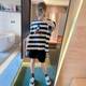 AMYOYOJA Korean new style autumn super fashionable black and white striped embroidered cartoon silhouette parting sleeves for women