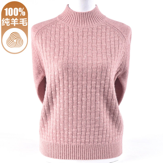 Thick sweater women's winter half turtleneck 100% pure wool sweater loose and stylish middle-aged and elderly mother's wear bottoming shirt