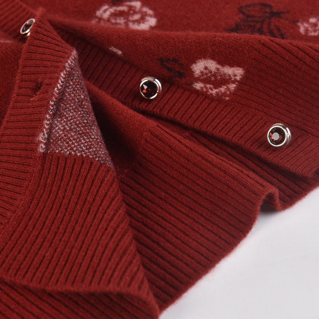 Noble mother's clothing 100% sheep wool jacquard knitted cardigan for middle-aged and elderly women autumn and winter thickened warm sweater jacket