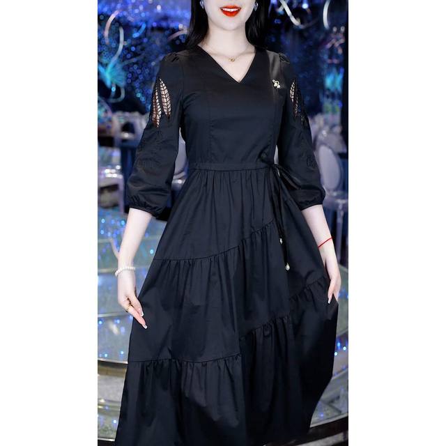 2025 Spring and Autumn New Large Size Seven-Cropped Sleeve Dress Women's Elegance V-neck Hollow Waist Slimming Mid-length Skirt
