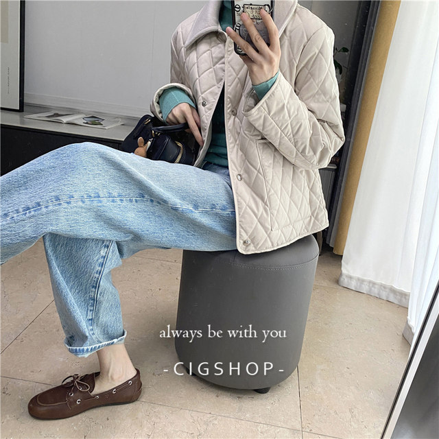 Self-restrained high-end wool collar quilted diamond lightweight cotton jacket with high-sensory cotton jacket with short jacket