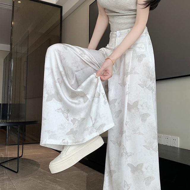 Ink butterfly printed acetate wide-leg pants for women's suit skirts and trousers spring and autumn floor pants ice silk national style extended trousers

