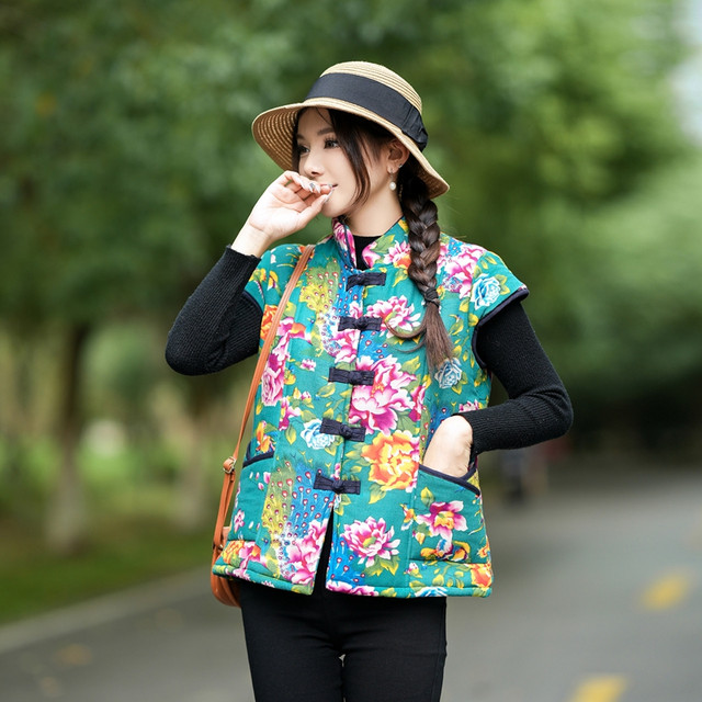 Middle-aged and elderly women's autumn and winter style ethnic style plus velvet warm vest short-sleeved Chinese style retro cotton vest jacket
