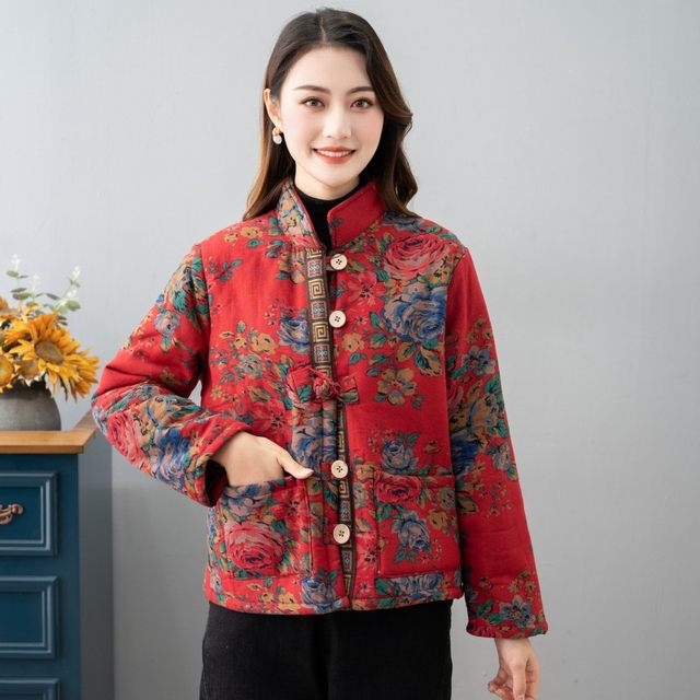 National style mother wear autumn and winter new short cotton jacket Chinese style plus velvet cotton clothes warm stand collar jacket