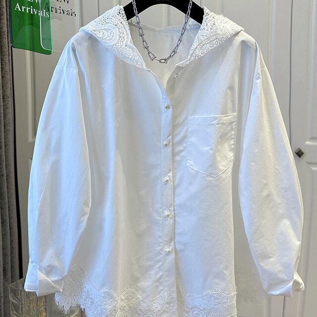 European station splicing fashionable hooded lace hem long sleeve lace shirt women's shirt fashionable loose white jacket
