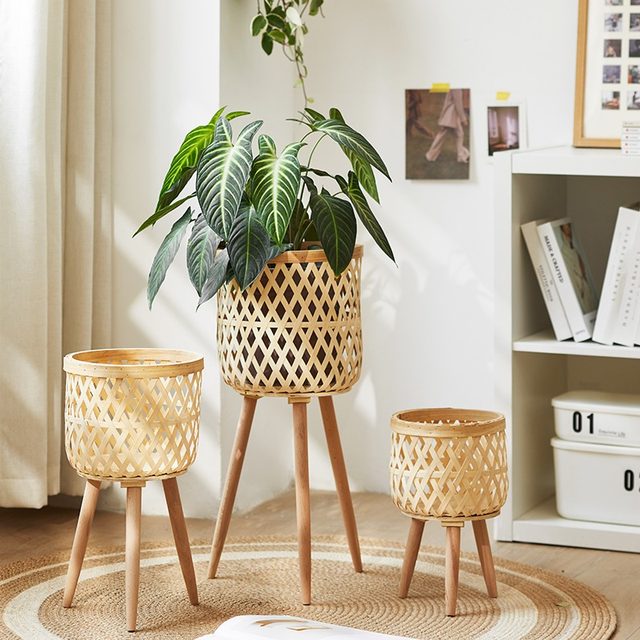 Nordic Bamboo Flowerpot Flower Stand Living Room Plant Flower Basket Decoration Monstera Balcony Ornament Internet Celebrity Floor Stand