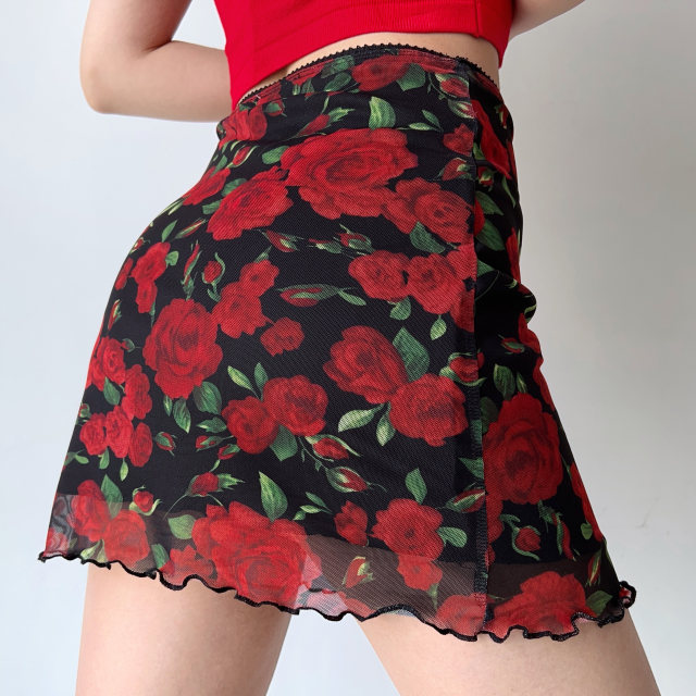 GO GIRL Go homemade retro European and American rose printed mesh skirt high waist bag hip short skirt female A -character skirt