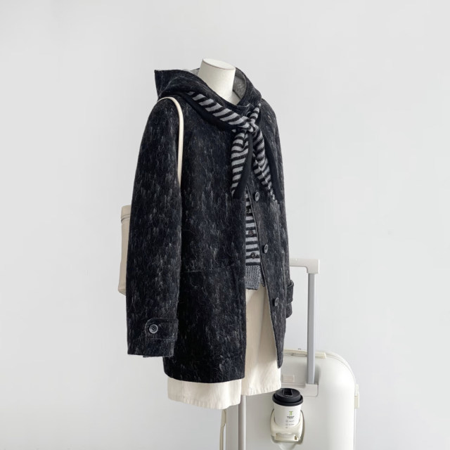 Spring and winter new variegated tweed coat coat college hooded age-reducing high-end Korean version women loose lazy high-end
