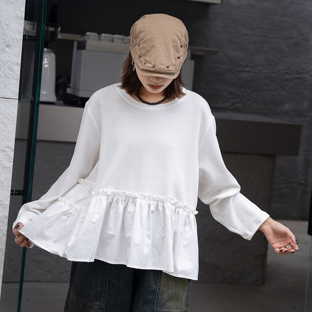European Station 2024 autumn new simple A-line waist-hugging solid color shirt splicing pullover versatile solid color shirt