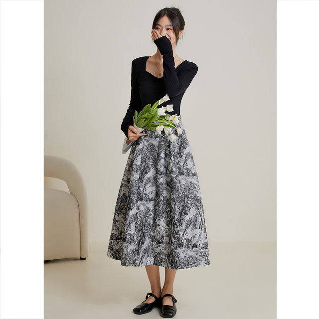 Migu retro ink painting skirt spring and autumn printed skirt women's A-line skirt high waist large hem skirt slim pleated skirt