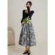 Migu retro ink painting skirt spring and autumn printed skirt women's A-line skirt high waist large hem skirt slim pleated skirt