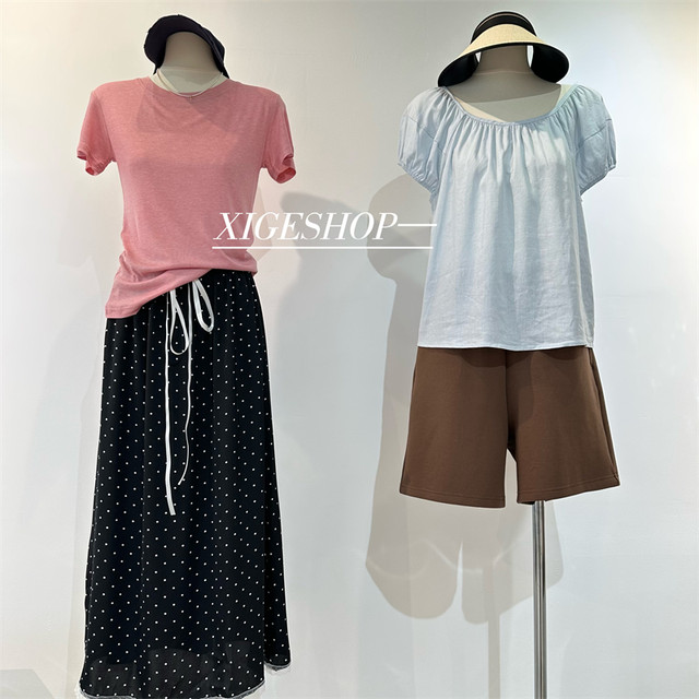 Polka dot lace lace skirt for women for elastic waist tied with streamers sweet niche A-line mid-length satin skirt summer