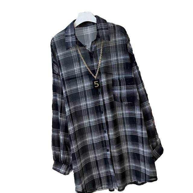 Starry Sky Flash Plaid Sunscreen 0085# Summer Long Sleeve Loose Air Conditioning Shirt Casual Mid-Length Plaid Shirt Top