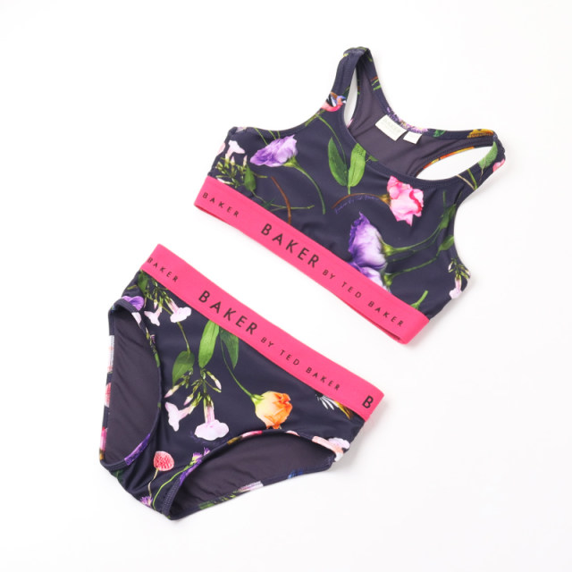Foreign trade children's split swimsuit girl zipper long -sleeved sunscreen surfing service three -piece girl floral bikini
