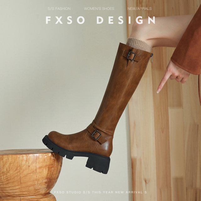 Genuine leather FXSO Fangxiang 2025 autumn new high boots knight boots black thick sole high boots women's boots