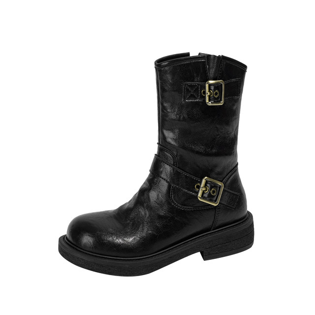 Cowhide Fangxiang British style huge good-looking Martin boots for women 2025 autumn new flat bottom round toe black short boots