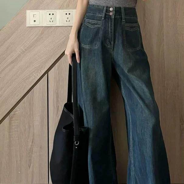 American retro wide-leg jeans for women in spring and autumn large size slightly fat mm high waist loose slim pear-shaped body pants trendy