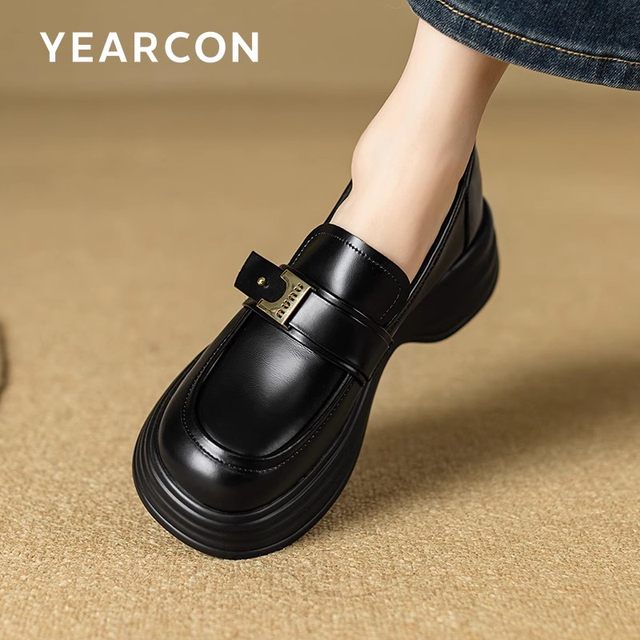 Yier Conleeves Women's 2025 Spring New Black British Style Retro Women's Small Leather Shoes Thick Sole Single Shoes Women