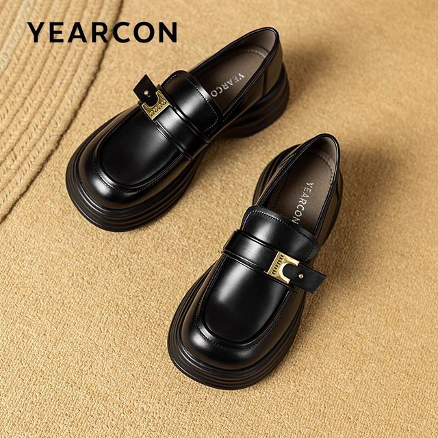 Yier Conleeves Women's 2025 Spring New Black British Style Retro Women's Small Leather Shoes Thick Sole Single Shoes Women