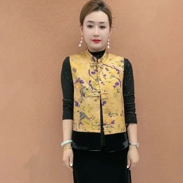 National style velvet splicing vest for women 2025 autumn new style young mother wear new Chinese style plate button waistcoat top