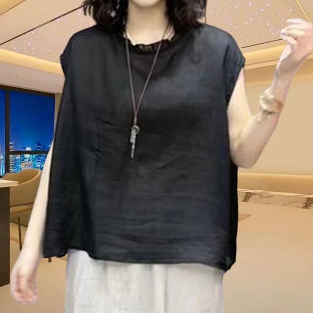 Summer large size loose solid color round neck sleeveless top linen T-shirt casual vest literary shirt for women