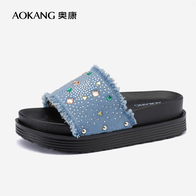 Aokang women's shoes summer new canvas denim open-toed sandals fashionable outdoor thick sole drag