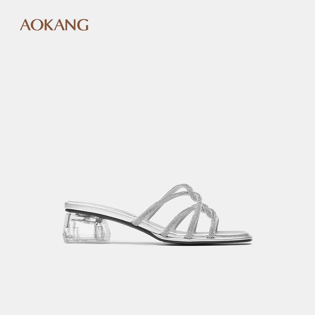 Aokang Women's Shoes 2025 Summer Flip-Flops Crystal Square Heel Rhinestone Square Heels Thick Heel Sandals Delivered in Store