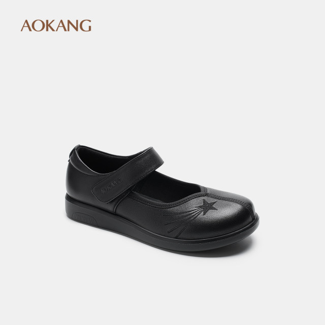 Aokang Women's Shoes 2025 Spring Light Mouth Single Shoes Genuine Leather Velcro Mom's Shoes Comfort Flat Shoes Delivered in Store