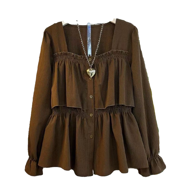 2025 autumn new large-size women's clothing fashionable and stylish, slimming and square collar waist-hugging temperament long-sleeved women's shirt
