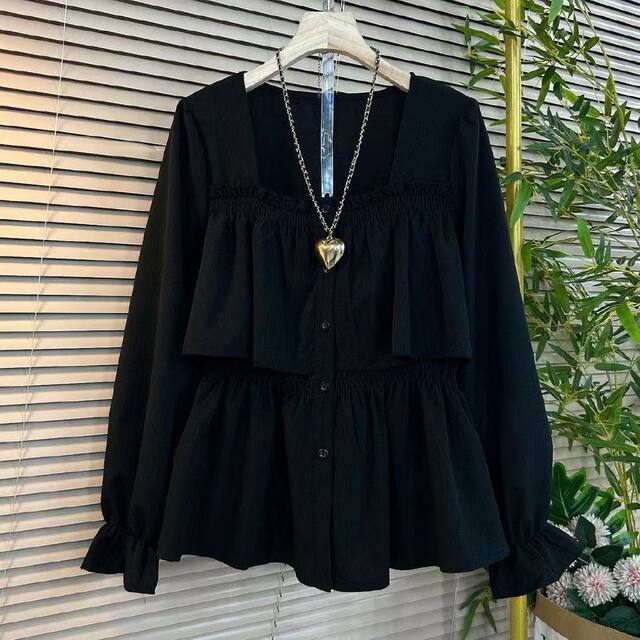 2025 autumn new large-size women's clothing fashionable and stylish, slimming and square collar waist-hugging temperament long-sleeved women's shirt
