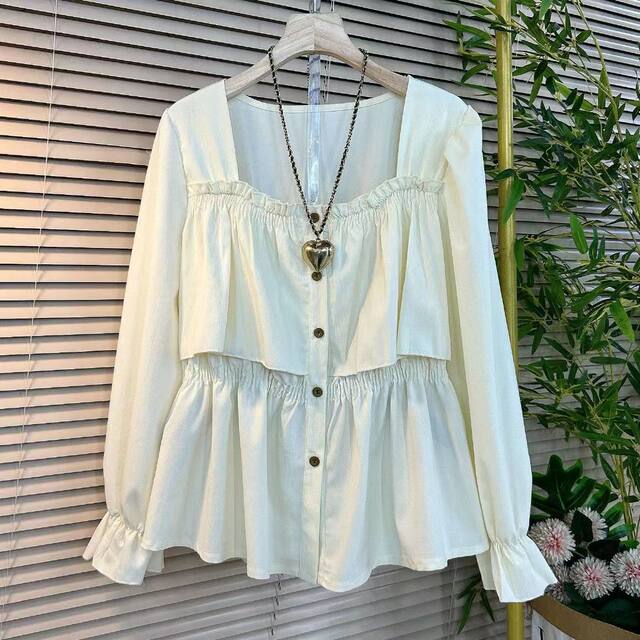 2025 autumn new large-size women's clothing fashionable and stylish, slimming and square collar waist-hugging temperament long-sleeved women's shirt
