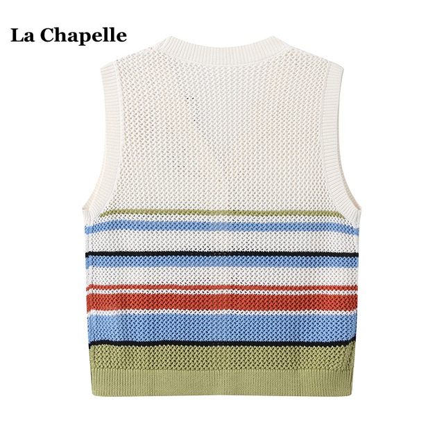 La Chapelle Colorful Striped Knitted Vest Women's Spring and Summer V-neck Hollow Cardigan Top

