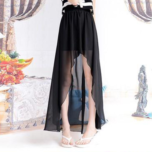 Long skirt summer new irregular gauze skirt short front and long irregular hem skirt mid-length women's high waist
