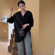 Black lace base shirt for women in mid-long autumn and winter hollow V-neck large-size split inner shirt loose lace top