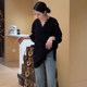 Black lace base shirt for women in mid-long autumn and winter hollow V-neck large-size split inner shirt loose lace top