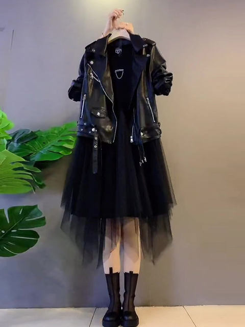 Fat Sister Trendy 2021 Autumn New Large Size Women's Loose Jacket Leather Jacket Metal Base Mesh Dress