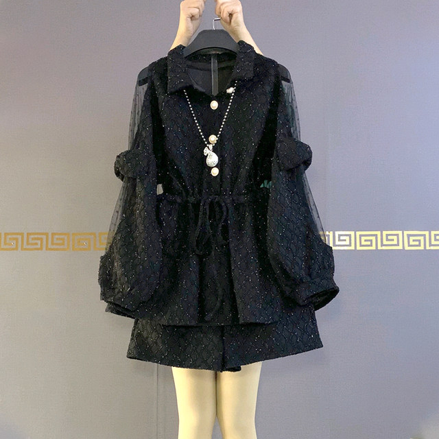 Fat sister large size women's clothing 2022 early spring new style small fragrance style loose waist top shorts slimming two-piece suit