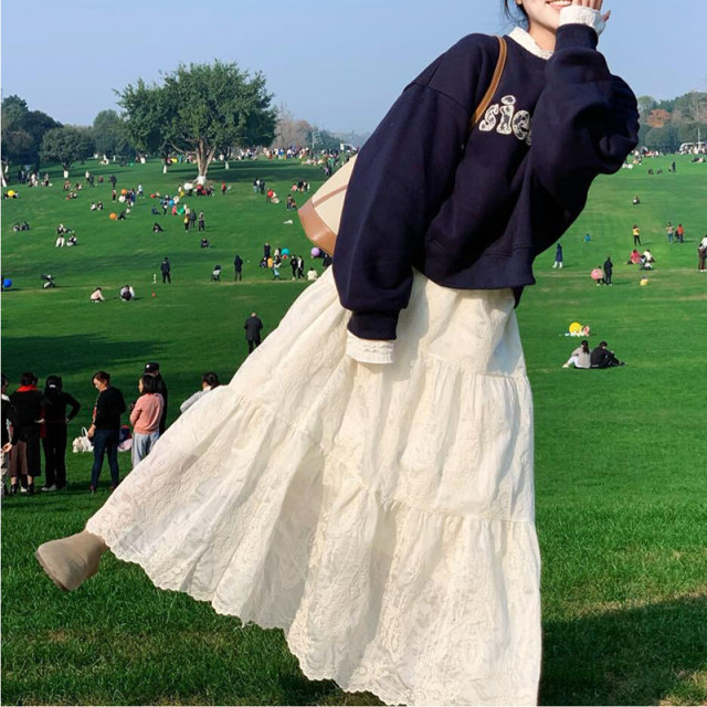 French A-line gauze skirt embroidered skirt for women 2025 spring new high-waist mid-length sweet lace cake skirt