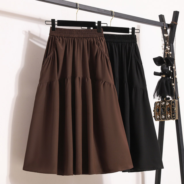 Pocket skirt 2025 black new skirt with high waist slim versatile umbrella mid-length summer large size 200Jin [Jin equals 0.5 kg]