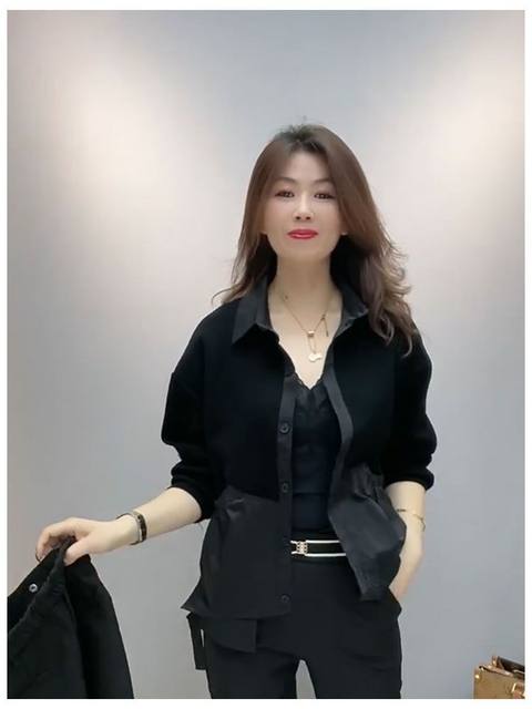 2025 high-end contrasting color splicing women's jacket spring new style polo collar double pocket loose casual mother suit