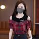 Large size design niche retro plaid short-sleeved shirt for women in summer fat girl fake two-piece spliced ​​off-shoulder top