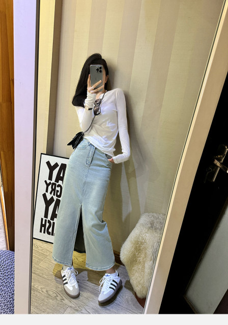 2025 retro green washing old denim skirt summer new high-waisted hip straight slit long skirt