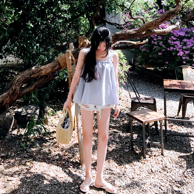 One -character shoulder top female sexy shoulder long sleeve stripes cute sweet seven -point sleeve camisole one word collar shirt
