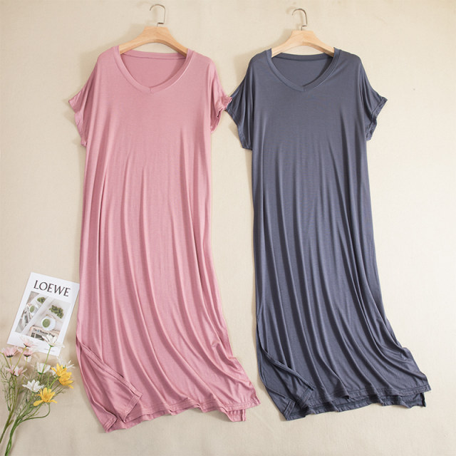 Modal V -neck short -sleeved long skirt Female summer thin cooling nightdress large size loose outer wearing casual skirt dress