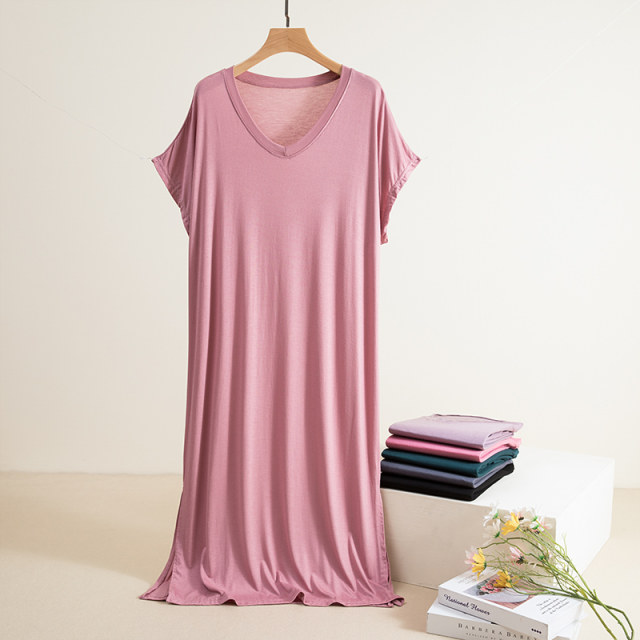 Modal V -neck short -sleeved long skirt Female summer thin cooling nightdress large size loose outer wearing casual skirt dress