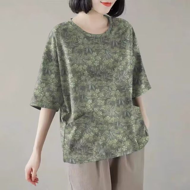 100% pure cotton round neck mid-cuff pocket T-shirt printed Korean style fashionable versatile loose women's high-end shirt for women