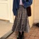 Korea Dongdaemun Fashionable and versatile plaid long skirt lace-up skirt high waist big hem skirt
