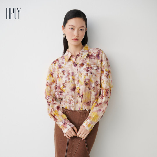 HPLY Hebili 24 autumn new women's hem tightening design short printed shirt jacket
