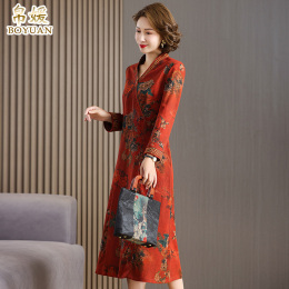 Long sleeved cloud yarn dress new women's dress genuine silk improved cheongsam autumn and winter mama dress